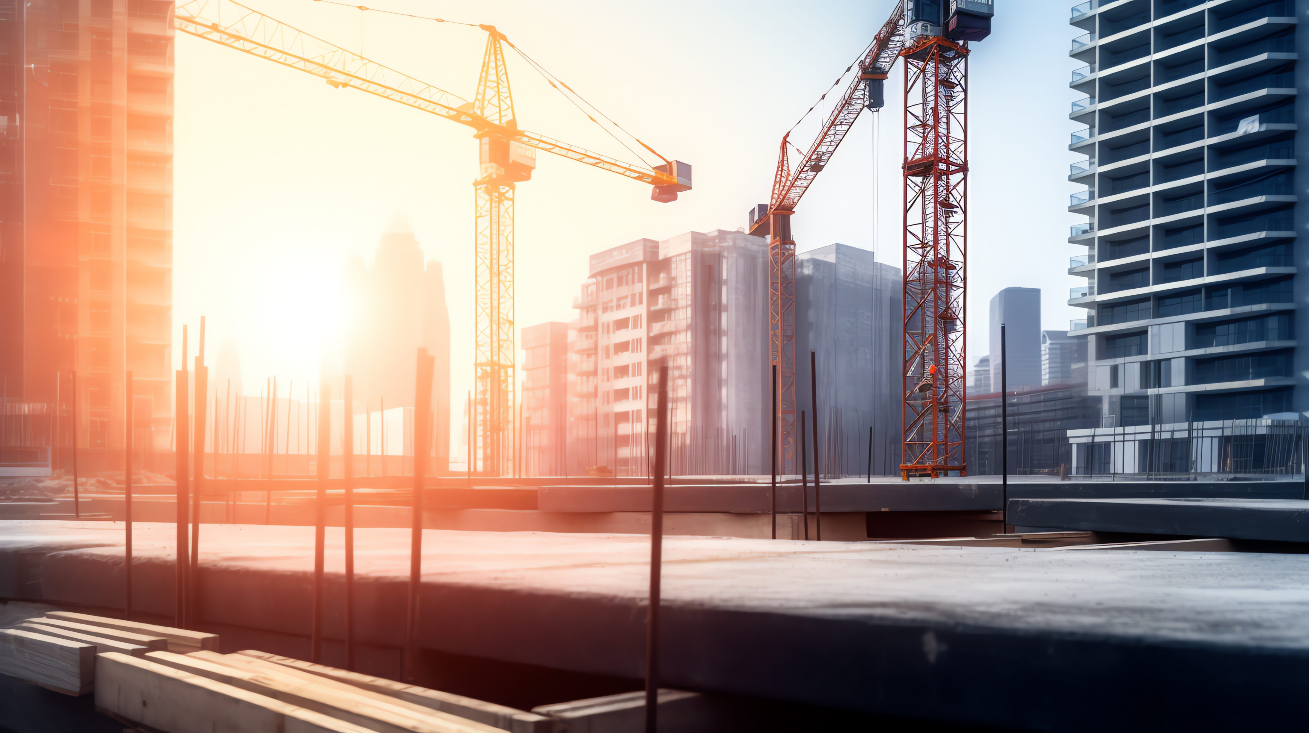 Chantier urbain au lever du soleil avec grues.